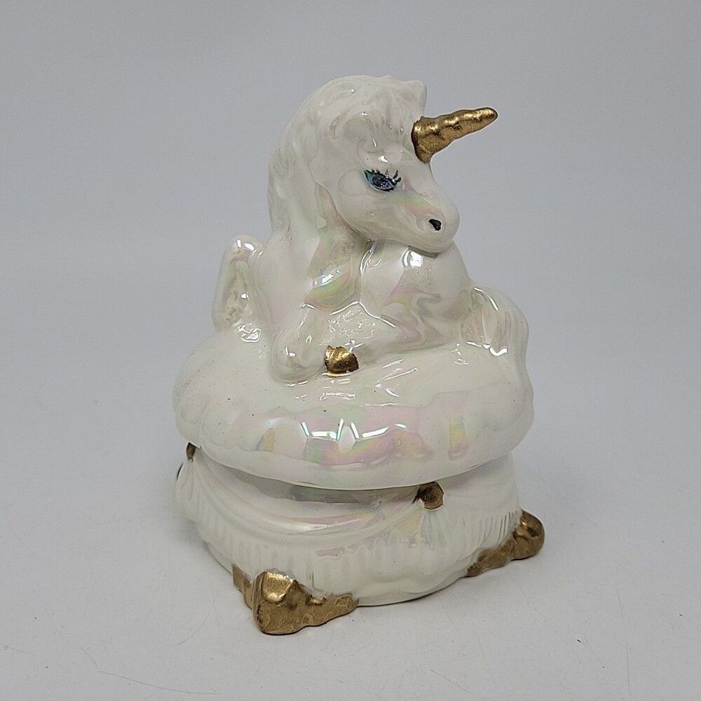 VINTAGE Sleeping Unicorn Horse White Ceramic Trinket Dish Figurine 1985 Signed